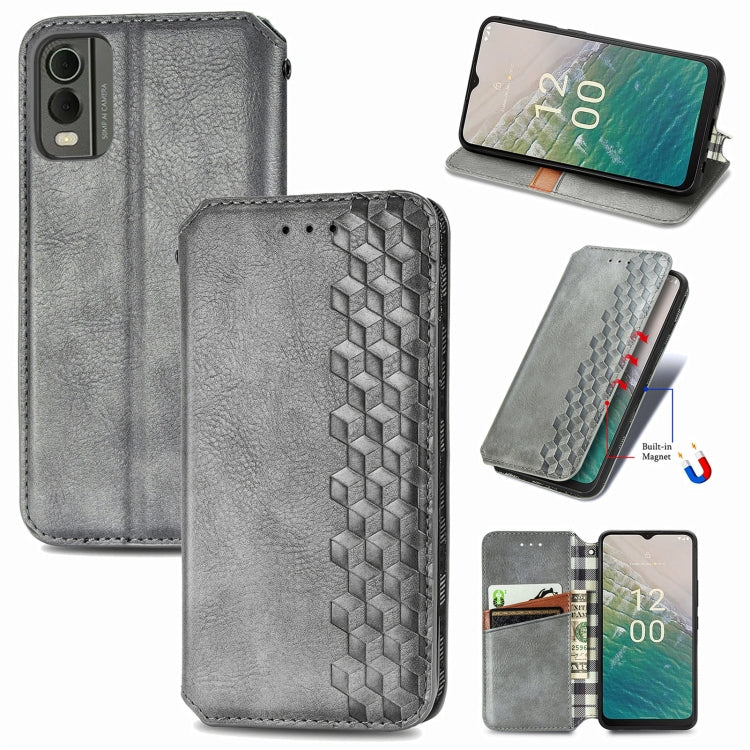 For Nokia C32 Cubic Grid Pressed Magnetic Leather Phone Case