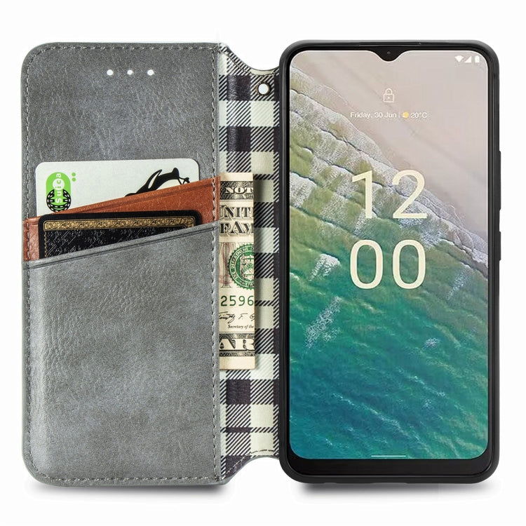 For Nokia C32 Cubic Grid Pressed Magnetic Leather Phone Case