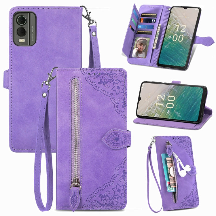 For Nokia C32 Embossed Flower Zipper Leather Phone Case