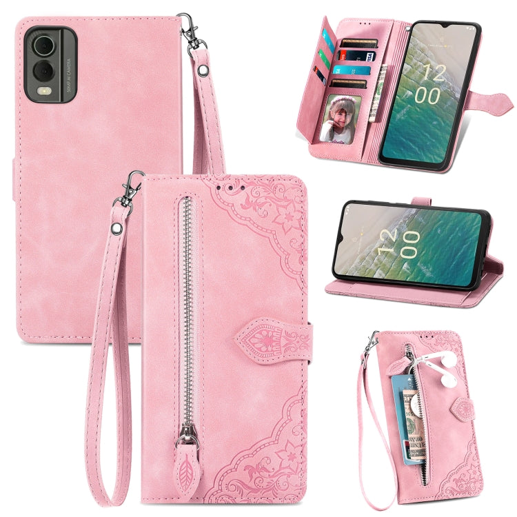 For Nokia C32 Embossed Flower Zipper Leather Phone Case