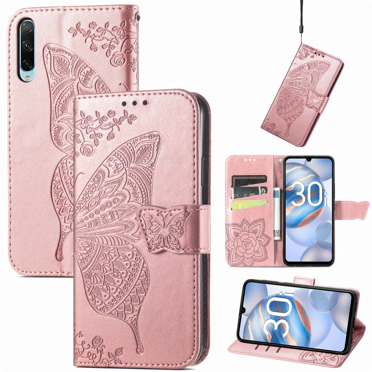 For Honor 30i Butterfly Love Flower Embossed Leather Phone Case