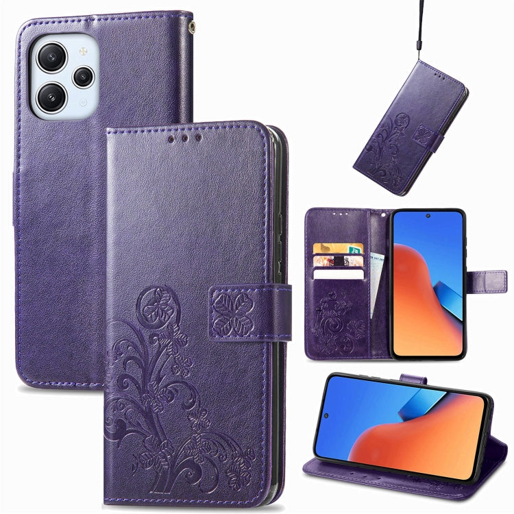 For Xiaomi Redmi 12 5G Four-leaf Clasp Embossed Buckle Leather Phone Case