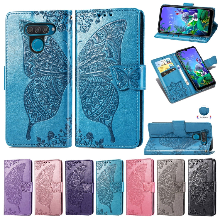 Butterfly Love Flowers Embossing Horizontal Flip Leather Case for LG Q60 , with Holder & Card Slots & Wallet & Lanyard