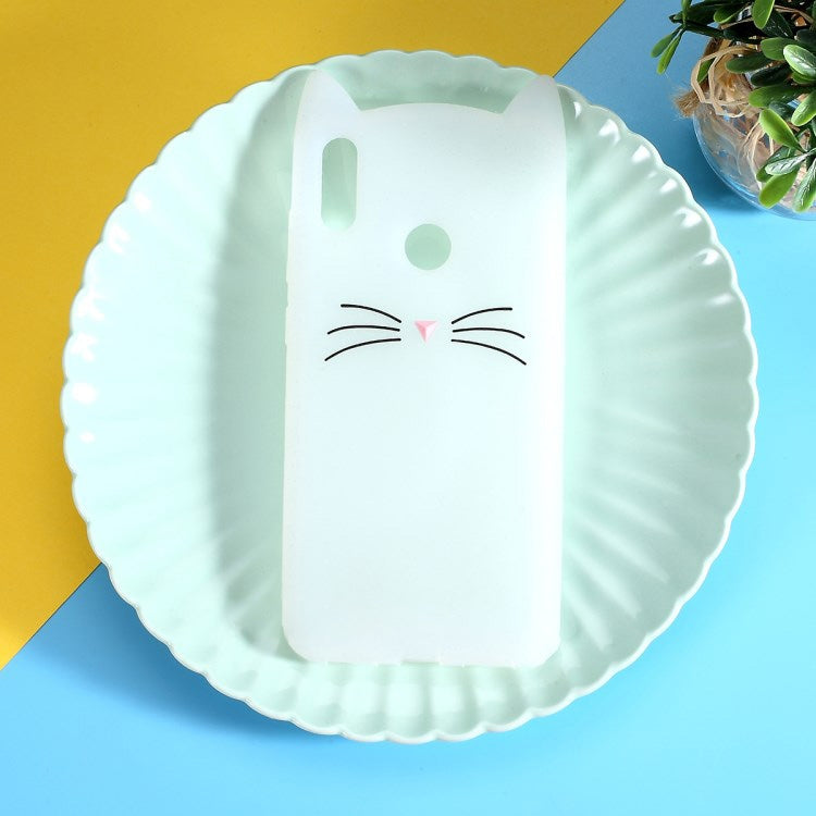 Lovely 3D Moustache Cat Soft Silicone Back Case for Huawei Y9 2019 / Enjoy 9 Plus(White)