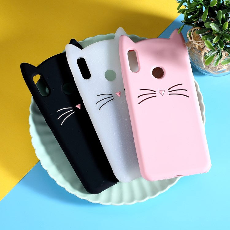 Lovely 3D Moustache Cat Soft Silicone Back Case for Huawei Y9 2019 / Enjoy 9 Plus(White)