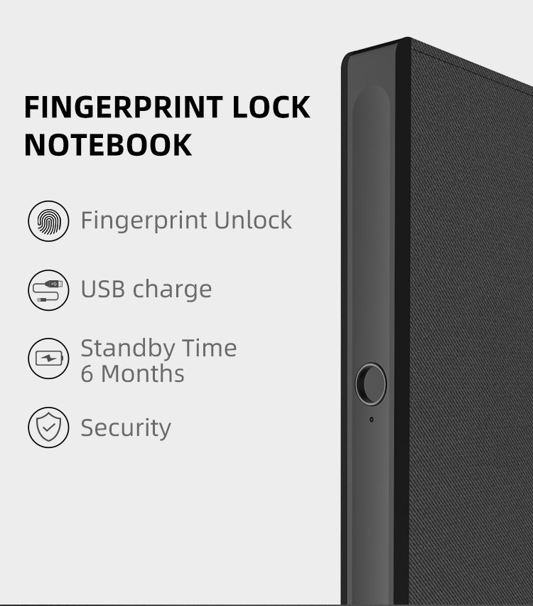 L9S Fingerprint Lock Notebook Intelligent Lock Encryption Account Fingerprint Unlock Super Long Standby Fingerprint Account(Black)