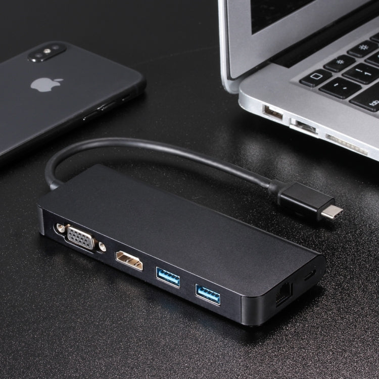 USB 3.0 Hubs 6 in 1 Type C Hub Type-C to HDMI VGA RJ45 Dual USB3.0 PD Charging Port Adapter Cable Converter for Laptop Macbook