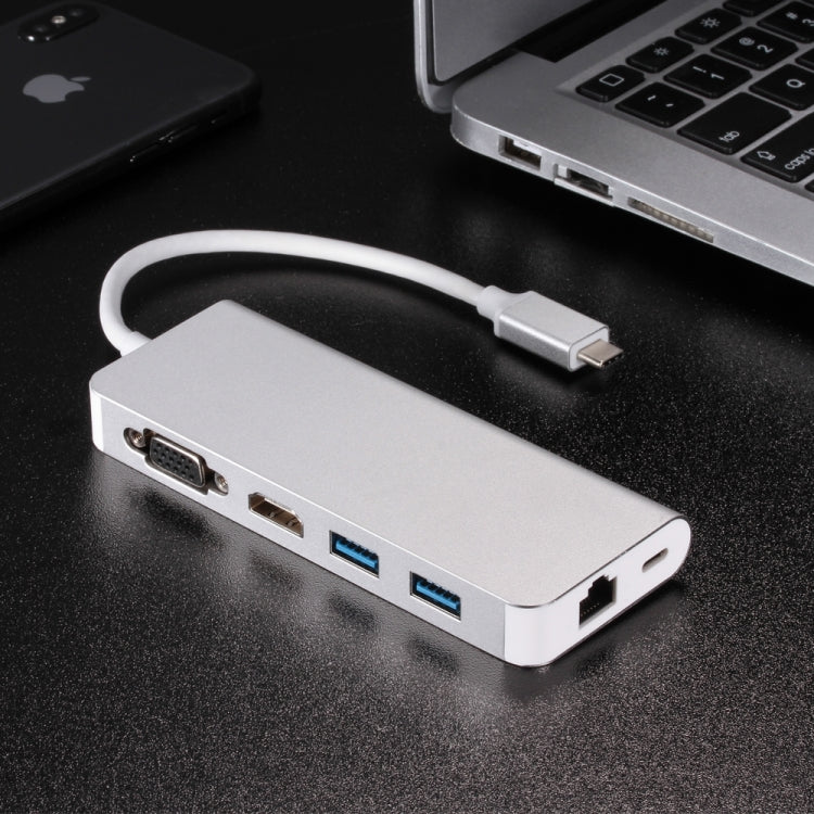 USB 3.0 Hubs 6 in 1 Type C Hub Type-C to HDMI VGA RJ45 Dual USB3.0 PD Charging Port Adapter Cable Converter for Laptop Macbook