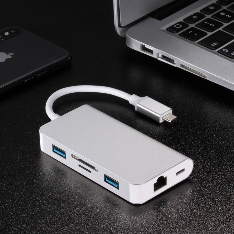 6 in 1 Type C USB 3.0 Hubs Type-C to 2xUSB3.0 RJ45 SD TF Card PD Charging Port Adapter Cable Converter for Laptop Macbook