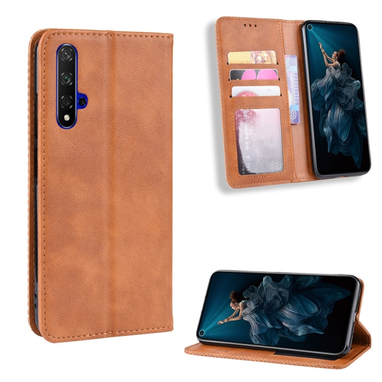 Magnetic Buckle Retro Crazy Horse Texture Horizontal Flip Leather Case for Huawei Honor 20,with Holder & Card Slots & Photo Frame