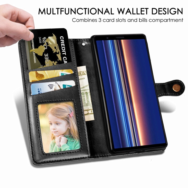 For Sony Xperia 5 Retro Solid Color Leather Buckle Phone Case with Lanyard & Photo Frame & Card Slot & Wallet & Stand Function