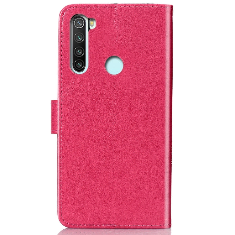 For Xiaomi Redmi Note 8 Four-leaf Clasp Embossed Buckle Mobile Phone Protection Leather Case with Lanyard & Card Slot & Wallet & Bracket Function