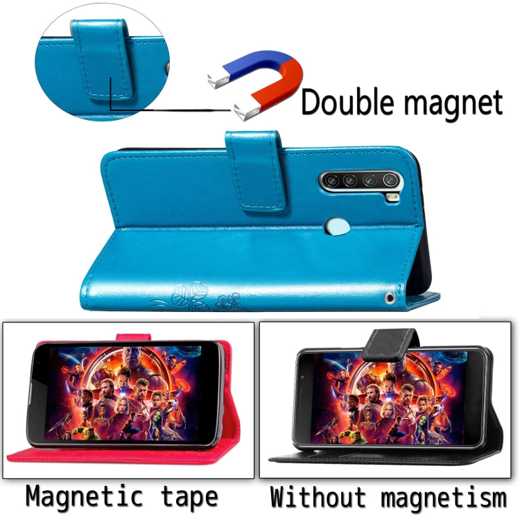 For Xiaomi Redmi Note 8 Four-leaf Clasp Embossed Buckle Mobile Phone Protection Leather Case with Lanyard & Card Slot & Wallet & Bracket Function