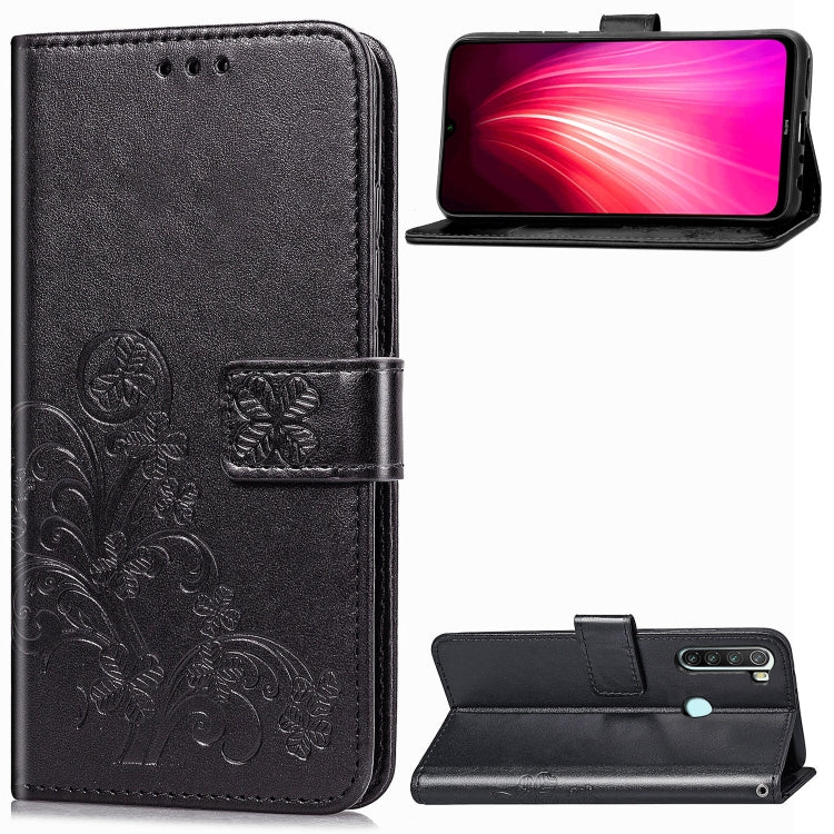 For Xiaomi Redmi Note 8 Four-leaf Clasp Embossed Buckle Mobile Phone Protection Leather Case with Lanyard & Card Slot & Wallet & Bracket Function
