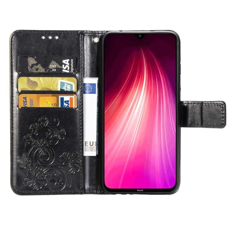 For Xiaomi Redmi Note 8 Four-leaf Clasp Embossed Buckle Mobile Phone Protection Leather Case with Lanyard & Card Slot & Wallet & Bracket Function