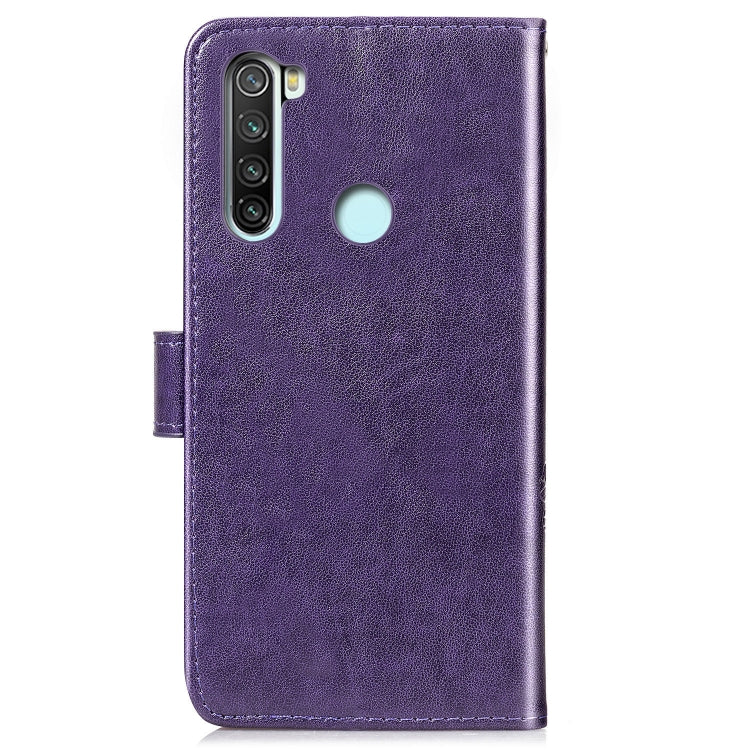 For Xiaomi Redmi Note 8 Four-leaf Clasp Embossed Buckle Mobile Phone Protection Leather Case with Lanyard & Card Slot & Wallet & Bracket Function