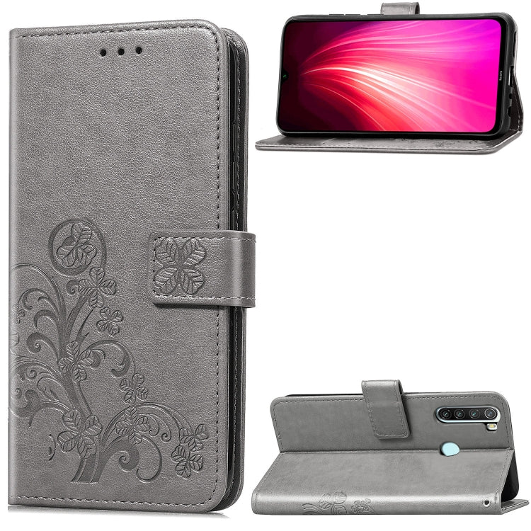 For Xiaomi Redmi Note 8 Four-leaf Clasp Embossed Buckle Mobile Phone Protection Leather Case with Lanyard & Card Slot & Wallet & Bracket Function