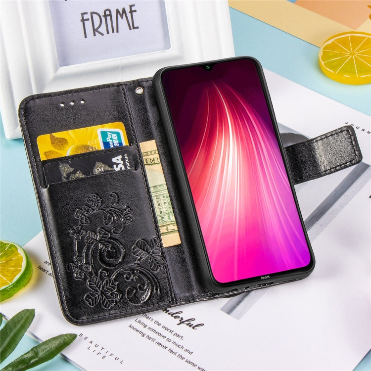 For Xiaomi Redmi Note 8 Four-leaf Clasp Embossed Buckle Mobile Phone Protection Leather Case with Lanyard & Card Slot & Wallet & Bracket Function