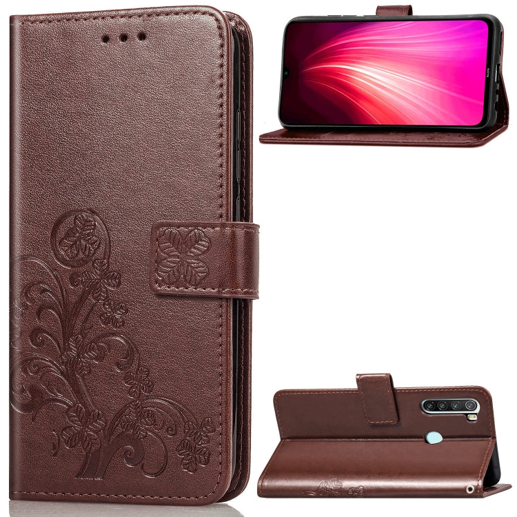 For Xiaomi Redmi Note 8 Four-leaf Clasp Embossed Buckle Mobile Phone Protection Leather Case with Lanyard & Card Slot & Wallet & Bracket Function