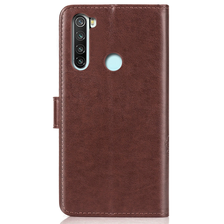 For Xiaomi Redmi Note 8 Four-leaf Clasp Embossed Buckle Mobile Phone Protection Leather Case with Lanyard & Card Slot & Wallet & Bracket Function