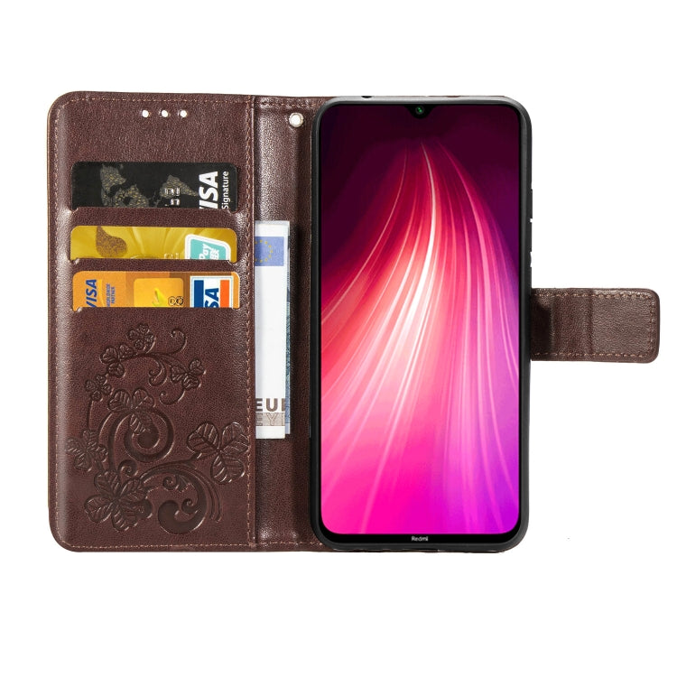 For Xiaomi Redmi Note 8 Four-leaf Clasp Embossed Buckle Mobile Phone Protection Leather Case with Lanyard & Card Slot & Wallet & Bracket Function