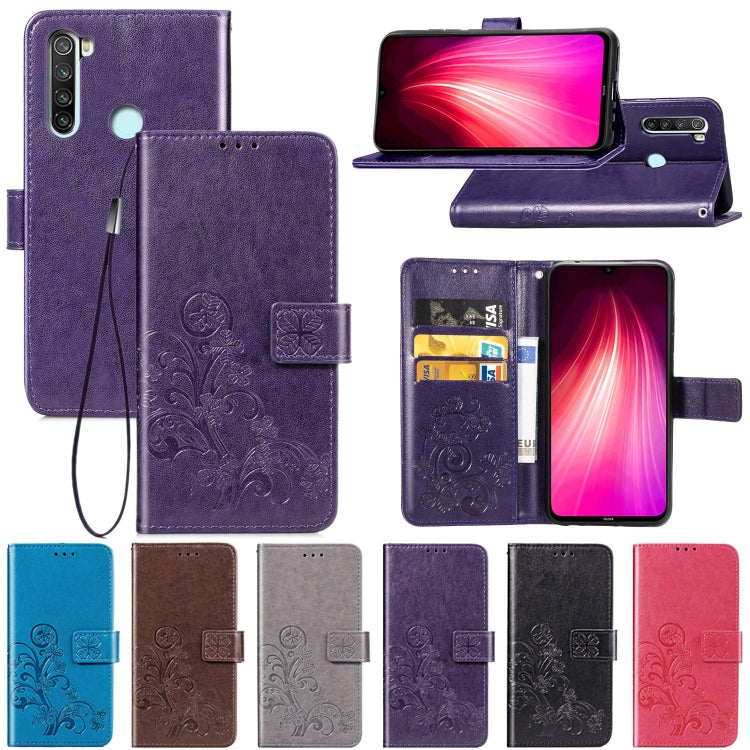 For Xiaomi Redmi Note 8 Four-leaf Clasp Embossed Buckle Mobile Phone Protection Leather Case with Lanyard & Card Slot & Wallet & Bracket Function