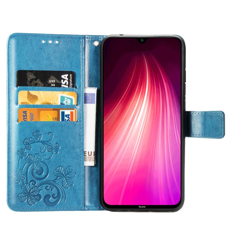 For Xiaomi Redmi Note 8 Four-leaf Clasp Embossed Buckle Mobile Phone Protection Leather Case with Lanyard & Card Slot & Wallet & Bracket Function