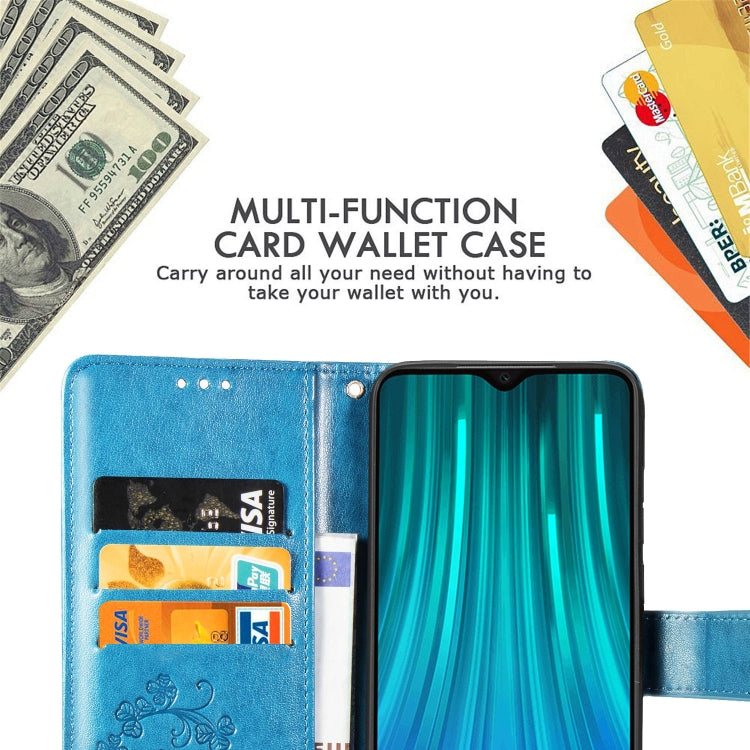 For Xiaomi Redmi Note 8 Pro Four-leaf Clasp Embossed Buckle Mobile Phone Protection Leather Case with Lanyard & Card Slot & Wallet & Bracket Function