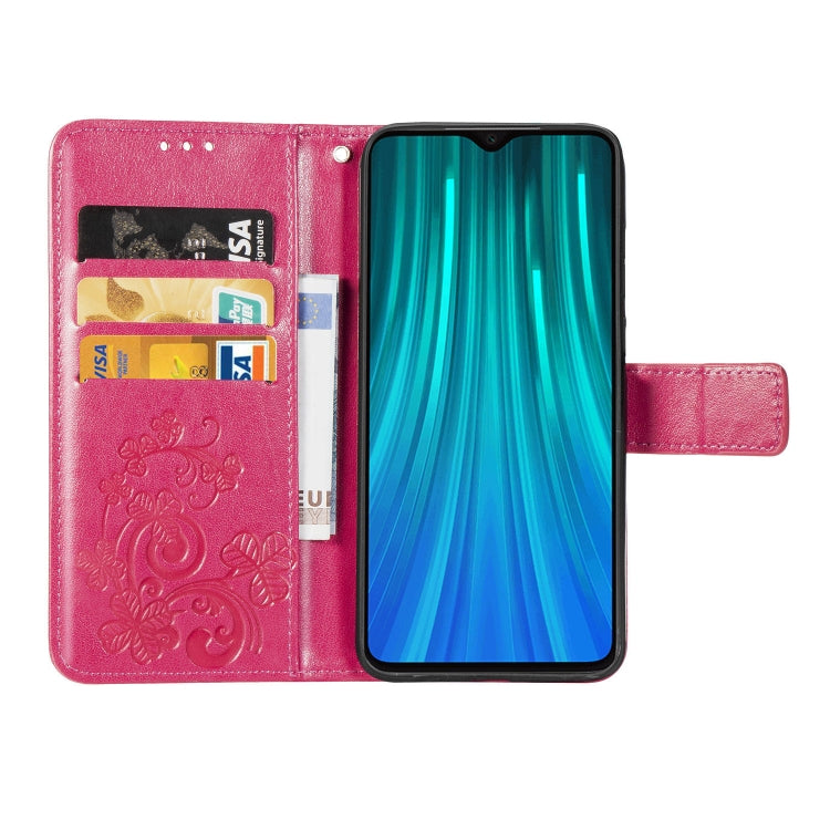 For Xiaomi Redmi Note 8 Pro Four-leaf Clasp Embossed Buckle Mobile Phone Protection Leather Case with Lanyard & Card Slot & Wallet & Bracket Function
