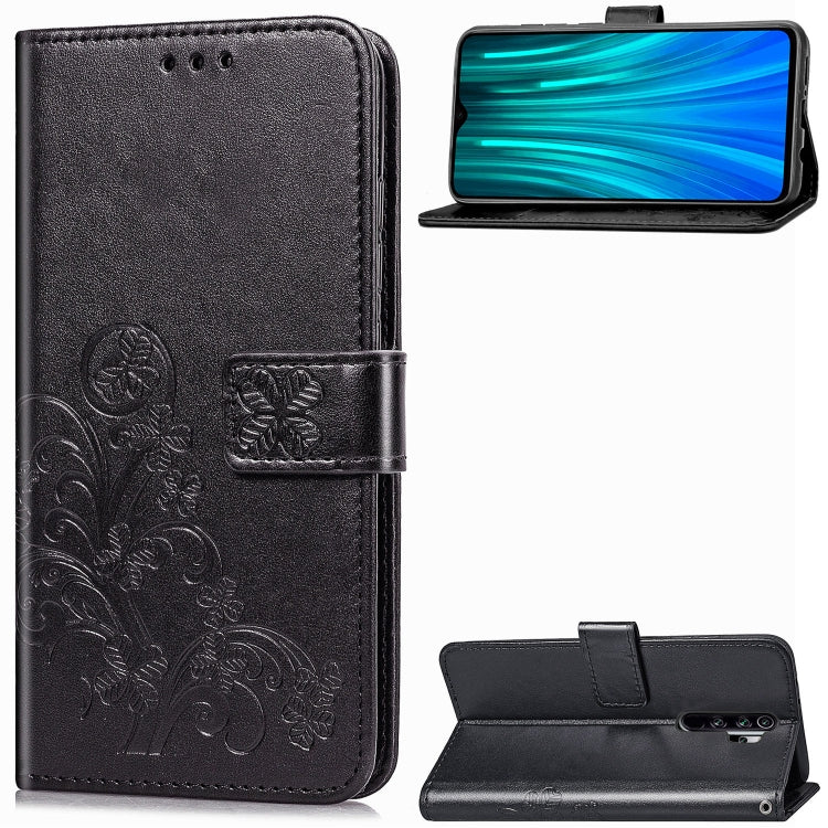 For Xiaomi Redmi Note 8 Pro Four-leaf Clasp Embossed Buckle Mobile Phone Protection Leather Case with Lanyard & Card Slot & Wallet & Bracket Function
