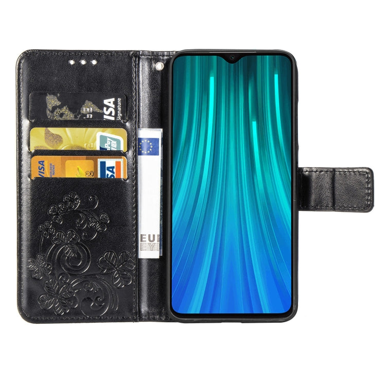 For Xiaomi Redmi Note 8 Pro Four-leaf Clasp Embossed Buckle Mobile Phone Protection Leather Case with Lanyard & Card Slot & Wallet & Bracket Function
