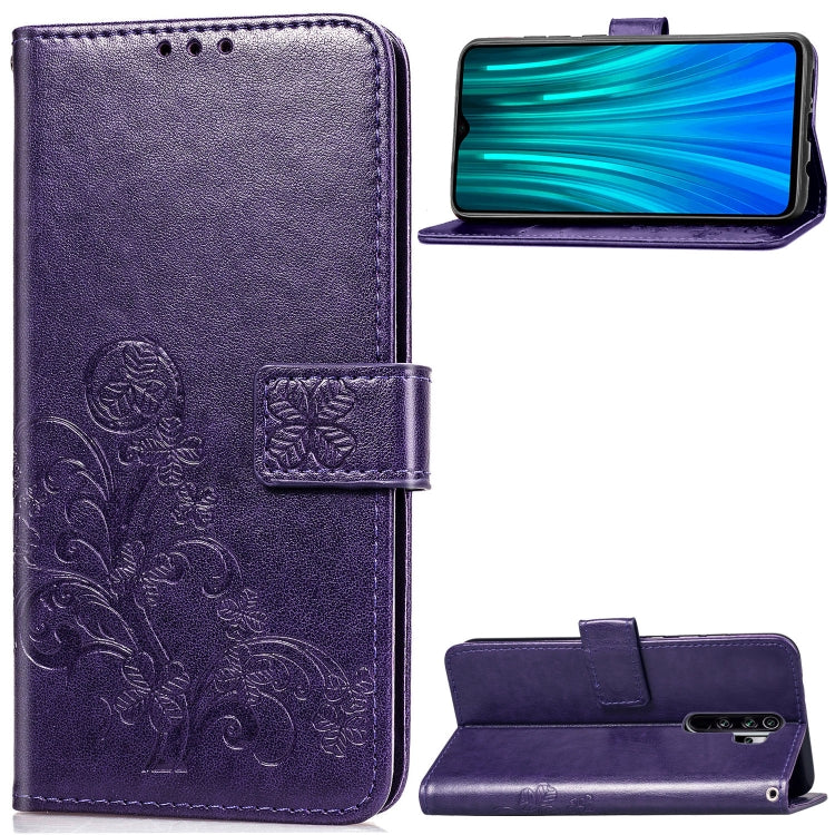 For Xiaomi Redmi Note 8 Pro Four-leaf Clasp Embossed Buckle Mobile Phone Protection Leather Case with Lanyard & Card Slot & Wallet & Bracket Function