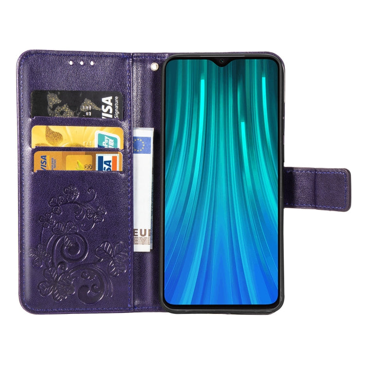 For Xiaomi Redmi Note 8 Pro Four-leaf Clasp Embossed Buckle Mobile Phone Protection Leather Case with Lanyard & Card Slot & Wallet & Bracket Function