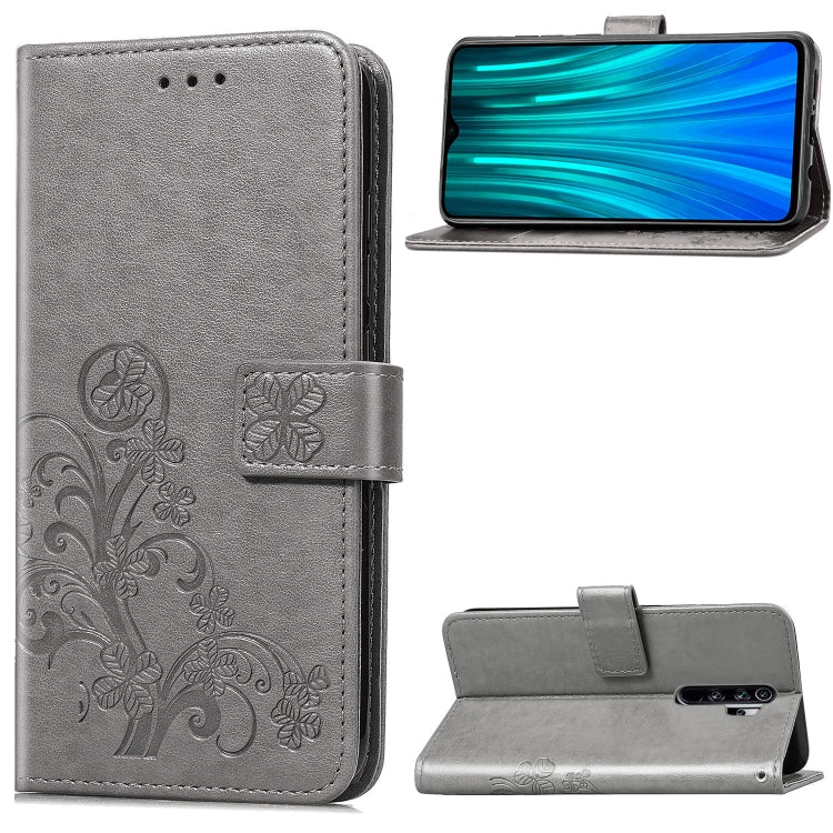 For Xiaomi Redmi Note 8 Pro Four-leaf Clasp Embossed Buckle Mobile Phone Protection Leather Case with Lanyard & Card Slot & Wallet & Bracket Function