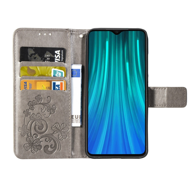 For Xiaomi Redmi Note 8 Pro Four-leaf Clasp Embossed Buckle Mobile Phone Protection Leather Case with Lanyard & Card Slot & Wallet & Bracket Function