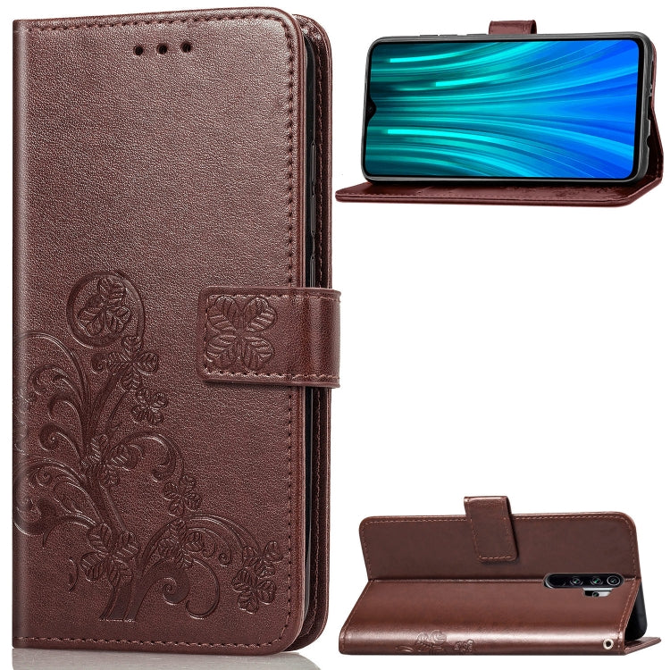 For Xiaomi Redmi Note 8 Pro Four-leaf Clasp Embossed Buckle Mobile Phone Protection Leather Case with Lanyard & Card Slot & Wallet & Bracket Function