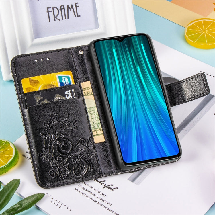 For Xiaomi Redmi Note 8 Pro Four-leaf Clasp Embossed Buckle Mobile Phone Protection Leather Case with Lanyard & Card Slot & Wallet & Bracket Function
