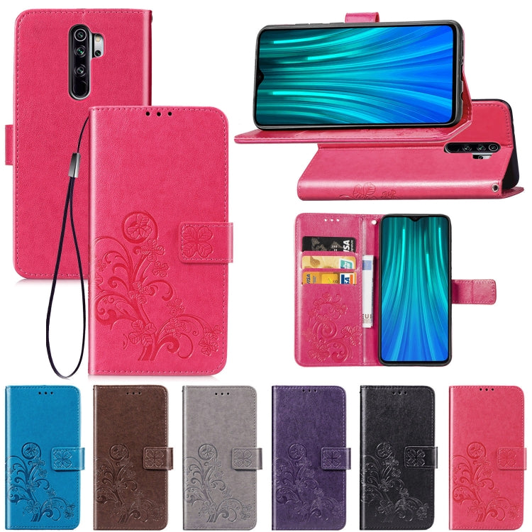 For Xiaomi Redmi Note 8 Pro Four-leaf Clasp Embossed Buckle Mobile Phone Protection Leather Case with Lanyard & Card Slot & Wallet & Bracket Function