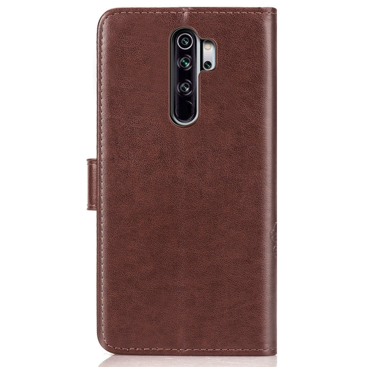 For Xiaomi Redmi Note 8 Pro Four-leaf Clasp Embossed Buckle Mobile Phone Protection Leather Case with Lanyard & Card Slot & Wallet & Bracket Function
