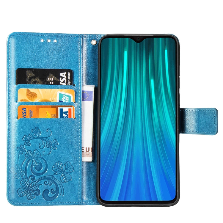 For Xiaomi Redmi Note 8 Pro Four-leaf Clasp Embossed Buckle Mobile Phone Protection Leather Case with Lanyard & Card Slot & Wallet & Bracket Function