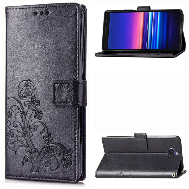For Sony Xperia 20 Four-leaf Clasp Embossed Buckle Mobile Phone Protection Leather Case with Lanyard & Card Slot & Wallet & Bracket Function