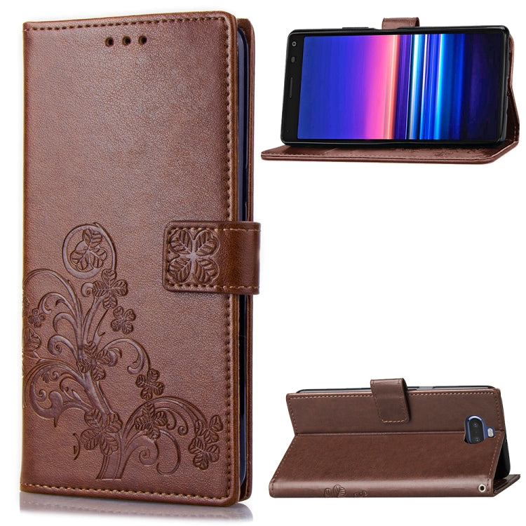 For Sony Xperia 20 Four-leaf Clasp Embossed Buckle Mobile Phone Protection Leather Case with Lanyard & Card Slot & Wallet & Bracket Function