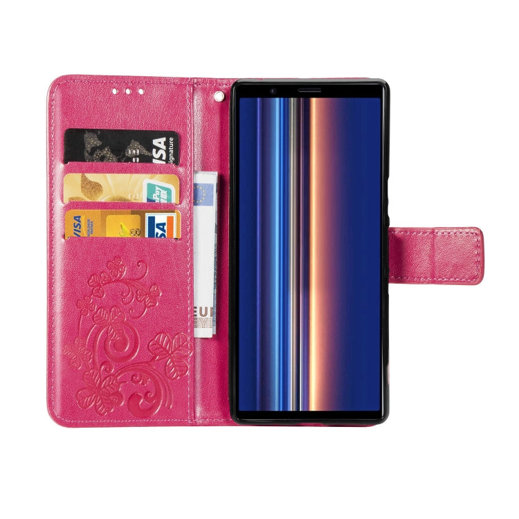 For Sony Xperia 5 Four-leaf Clasp Embossed Buckle Mobile Phone Protection Leather Case with Lanyard & Card Slot & Wallet & Bracket Function