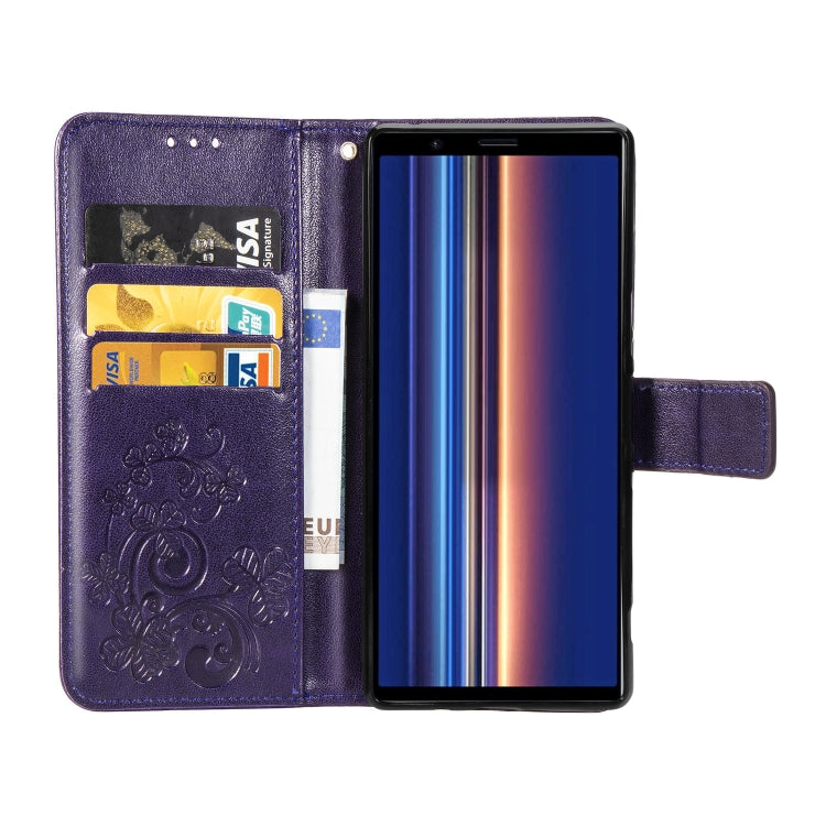 For Sony Xperia 5 Four-leaf Clasp Embossed Buckle Mobile Phone Protection Leather Case with Lanyard & Card Slot & Wallet & Bracket Function