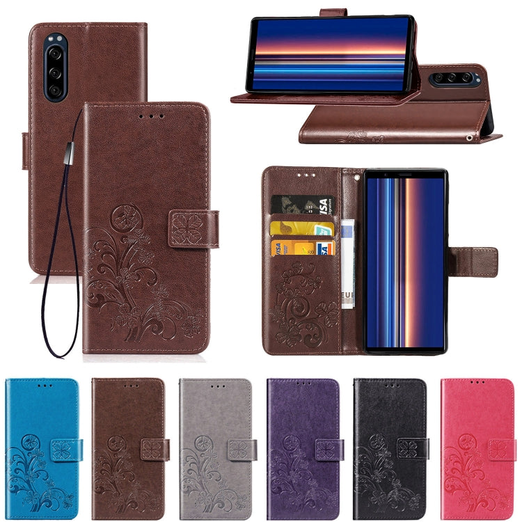 For Sony Xperia 5 Four-leaf Clasp Embossed Buckle Mobile Phone Protection Leather Case with Lanyard & Card Slot & Wallet & Bracket Function