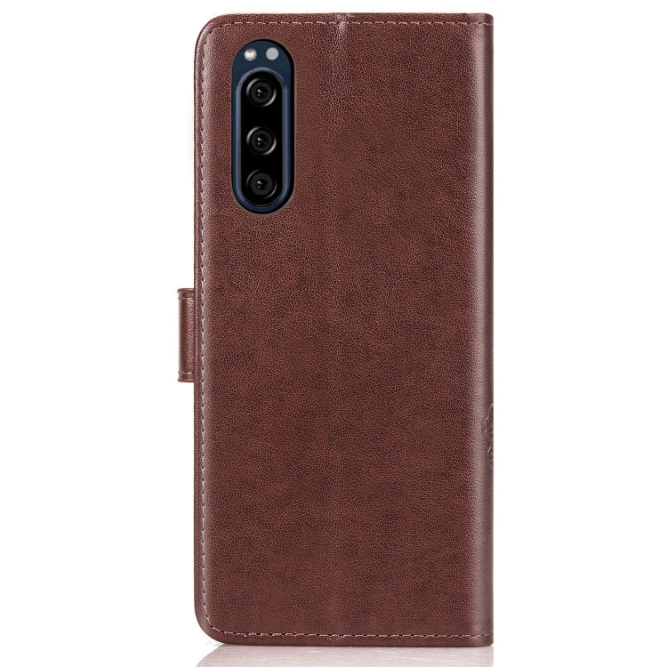 For Sony Xperia 5 Four-leaf Clasp Embossed Buckle Mobile Phone Protection Leather Case with Lanyard & Card Slot & Wallet & Bracket Function