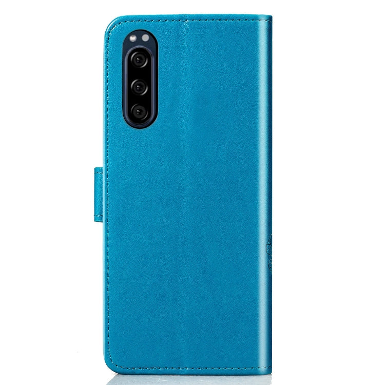 For Sony Xperia 5 Four-leaf Clasp Embossed Buckle Mobile Phone Protection Leather Case with Lanyard & Card Slot & Wallet & Bracket Function
