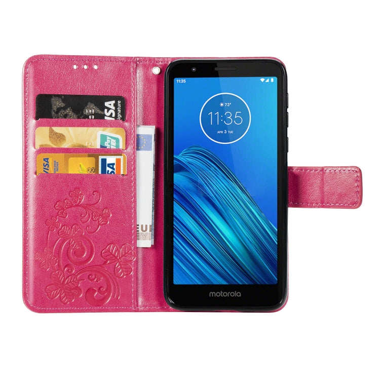 For Moto E6 Four-leaf Clasp Embossed Buckle Mobile Phone Protection Leather Case with Lanyard & Card Slot & Wallet & Bracket Function