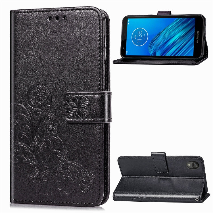 For Moto E6 Four-leaf Clasp Embossed Buckle Mobile Phone Protection Leather Case with Lanyard & Card Slot & Wallet & Bracket Function