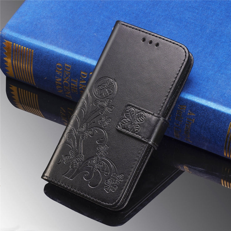 For Moto E6 Four-leaf Clasp Embossed Buckle Mobile Phone Protection Leather Case with Lanyard & Card Slot & Wallet & Bracket Function